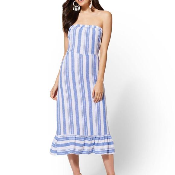New York & Company Dresses & Skirts - NY&Co SOHO White Blue Vertical Stripe Back Bow Midi Dress Large  Linen Blend